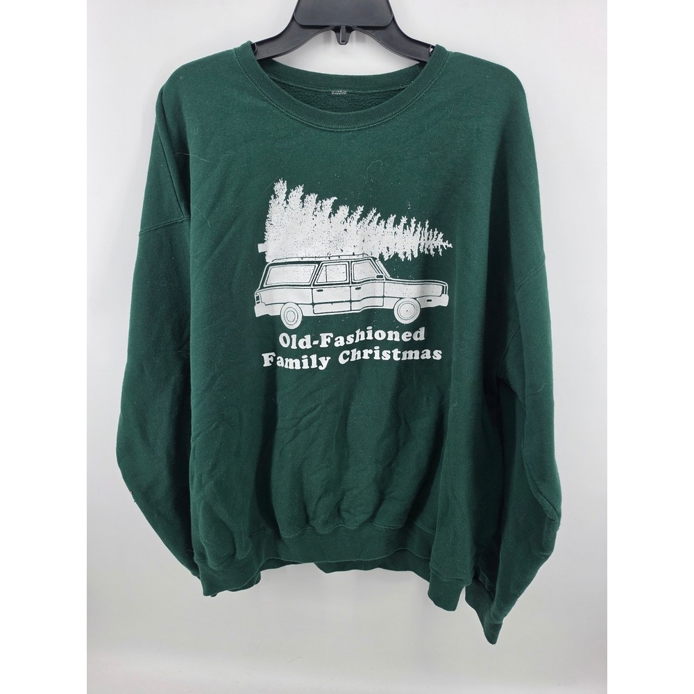 Holiday Time Old Fashioned Family Christmas Station Wagon Sweatshirt Green 2X